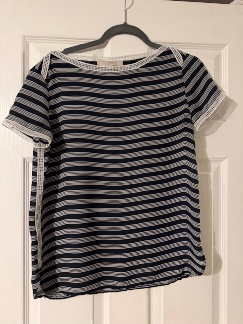 LOFT Navy and White Striped Lace-Trim Top